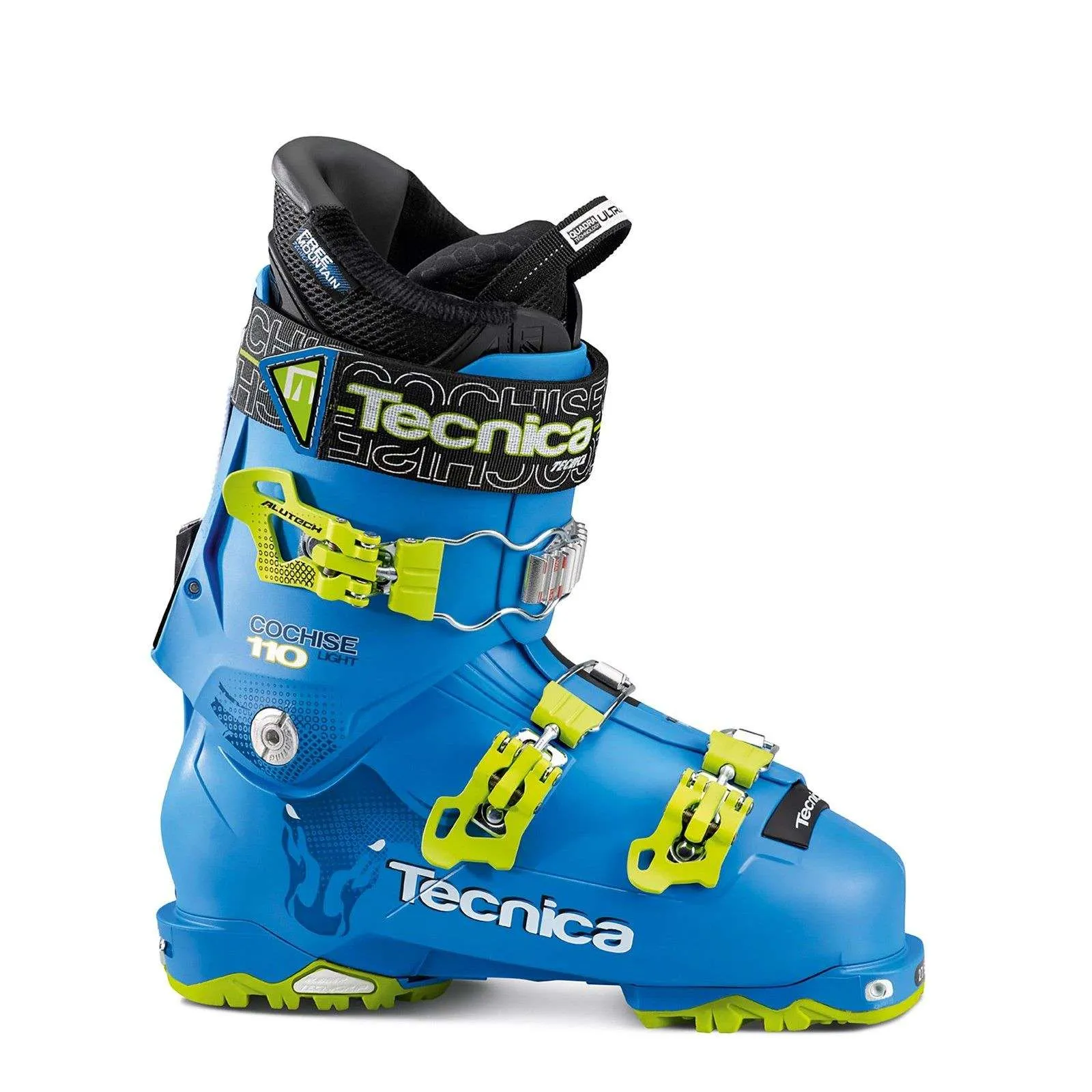 Blue Cochise 100 Light ski boot with green buckles, side view.