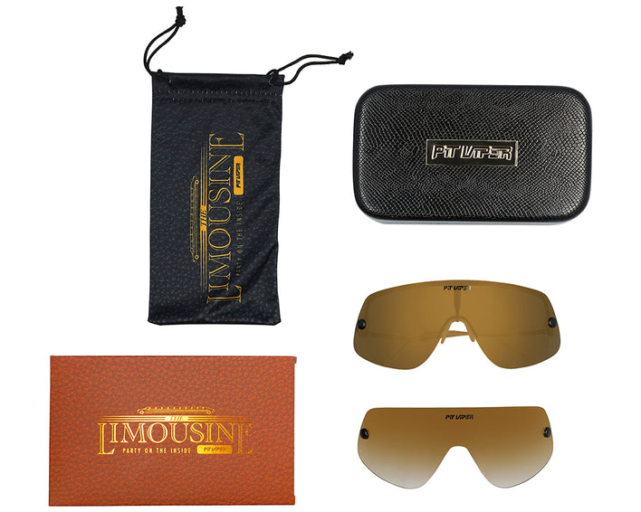 Goldfarbene, polarisierte Pit Viper Sonnenbrille "The Limousine" mit Etui und Beutel.