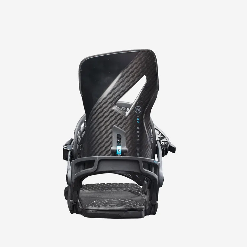 Black Nidecker Kaon-CX snowboard binding from the front, with carbon hiback. Details are recognizable.