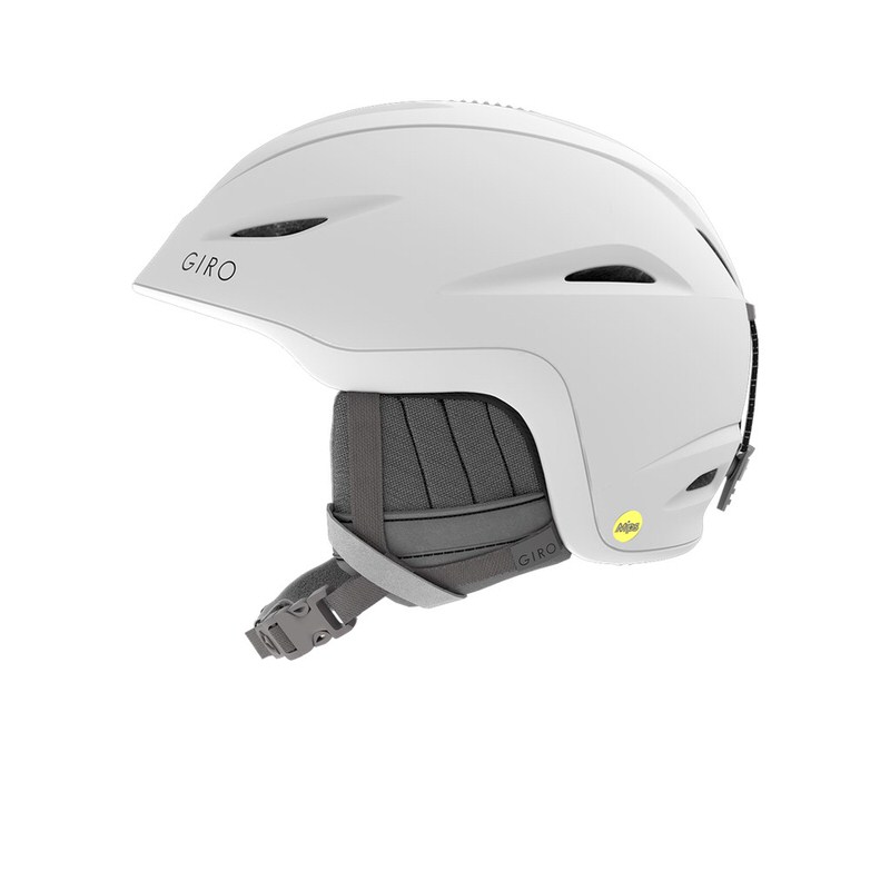 Weißer Skihelm "Giro Fade Mips" mit Belüftungsöffnungen und MIPS-Logo, seitliche Ansicht.
