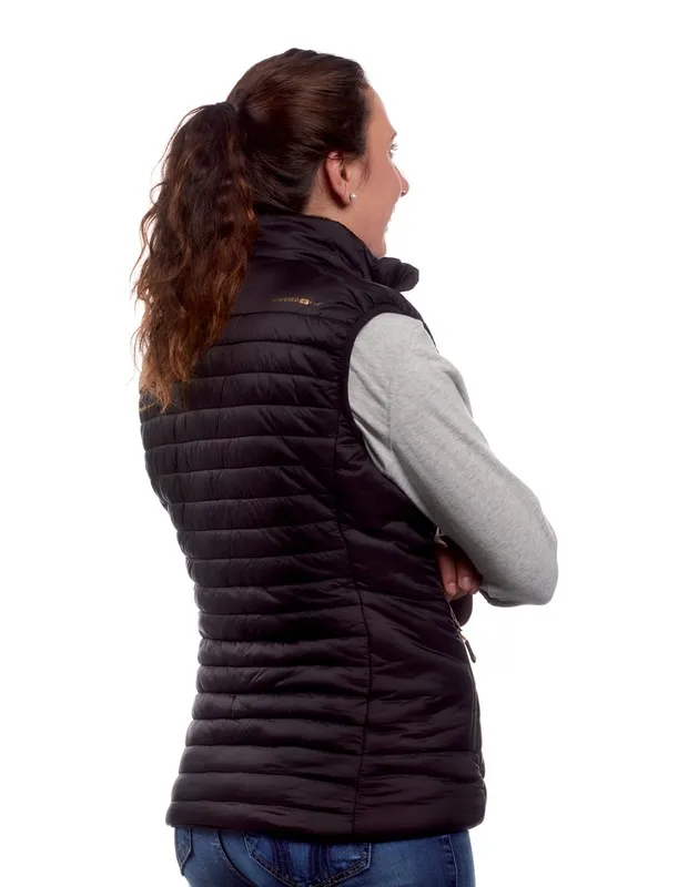 Damen Therm-ic Heizweste, Rückansicht: Eine Frau trägt die schwarze, ärmellose Daunenweste über einem grauen Pullover.
