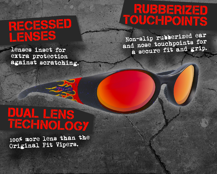 Schwarze Slammer Sonnenbrille mit Flammenmuster und roten Gläsern vor grauem Hintergrund. Details: vertiefte Gläser, Gummi-Touchpoints.
