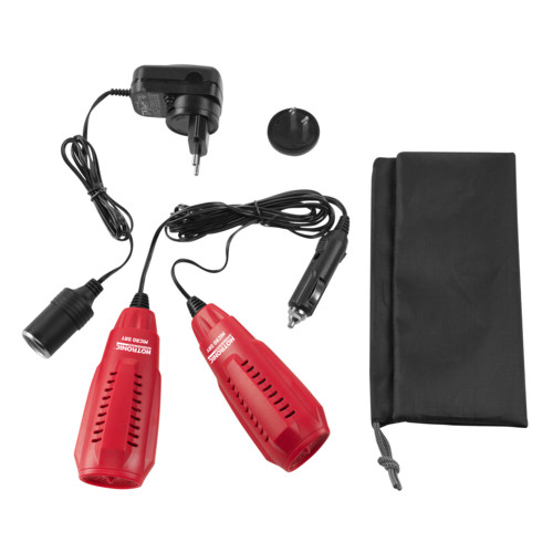 Micro Dry Schuh- und Stiefeltrockner Set mit Tasche, Netzteil und Autoadapter. Zwei rote Trockner mit Schlitzen.