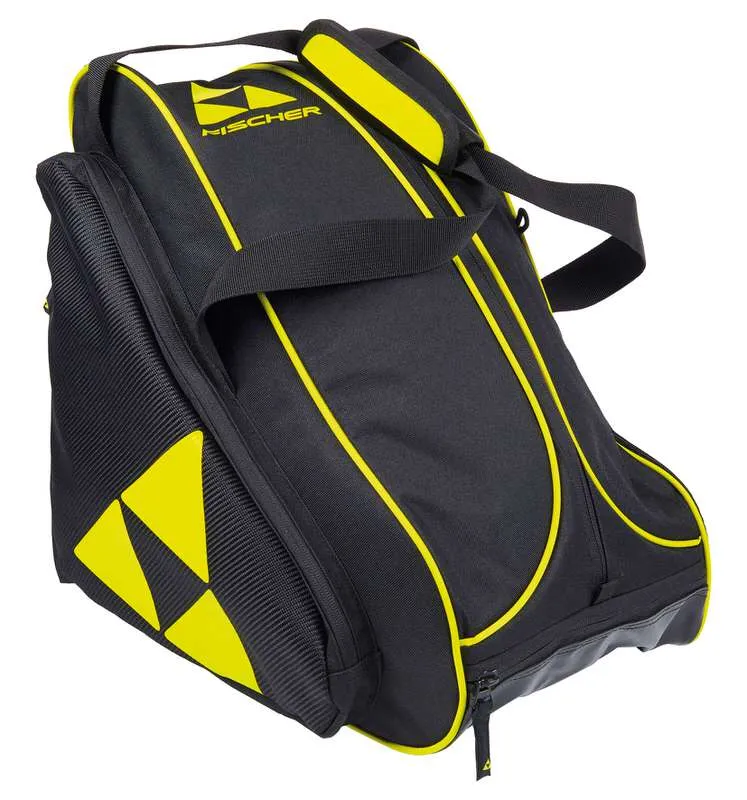 Sac à chaussures de ski noir "Alpine Race" de Fischer avec des accents jaunes et des poignées de transport.