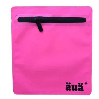 Pink tarpaulin mini bag with black zipper at the top and black logo at the bottom right.