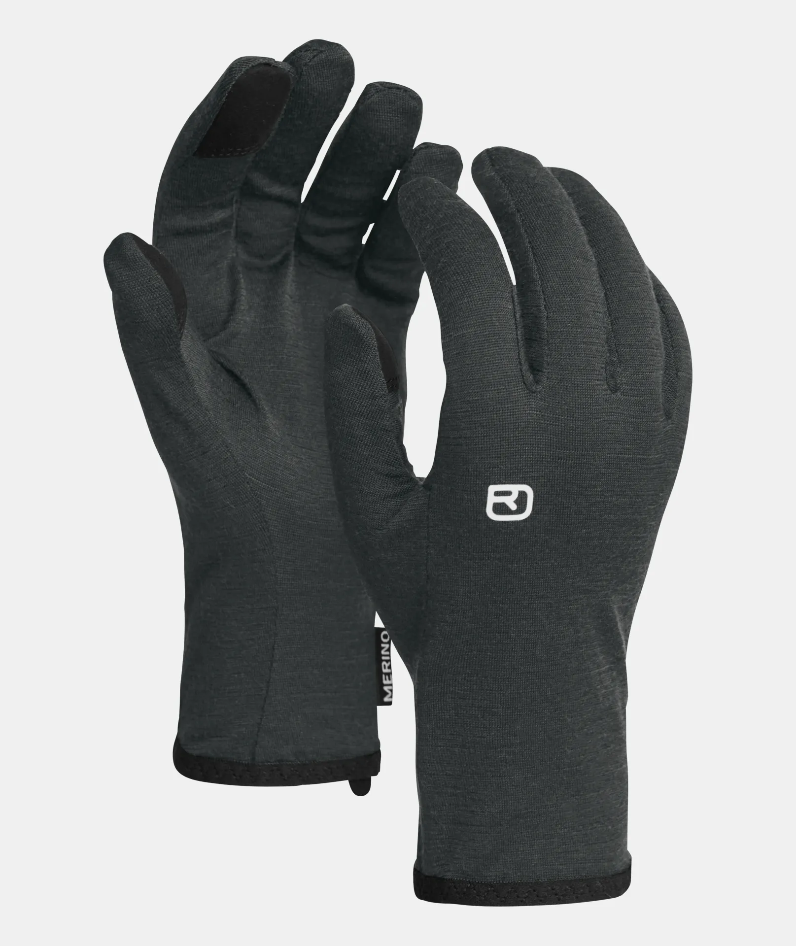 Two gray gloves with black reinforcement on the fingertips and wrists, with the logo on one glove.