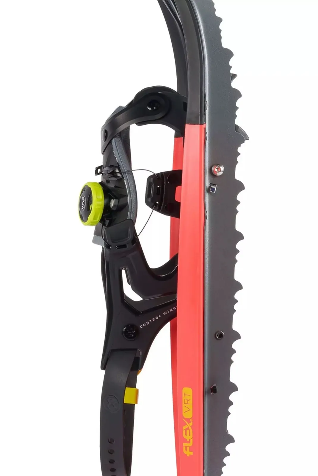 Close-up of a Tubbs Flex VRT 21 women's Coral snowshoe with black binding and gray toe rand.