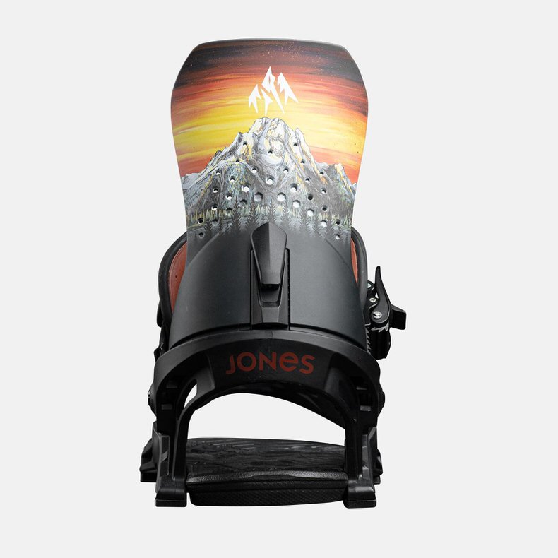 Nahaufnahme der Jones Orion RP Roberts Snowboardbindung mit Berg-Grafik.