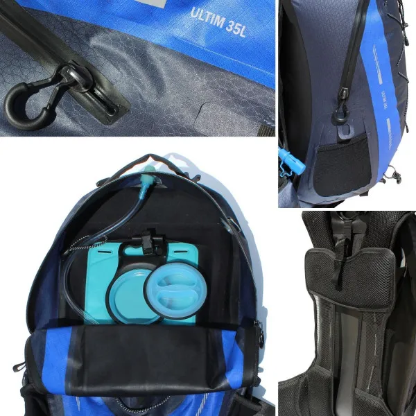 Vue détaillée : sac à dos imperméable 35L, montre la fermeture éclair, la vessie d'hydratation, la poche et le rembourrage dorsal.