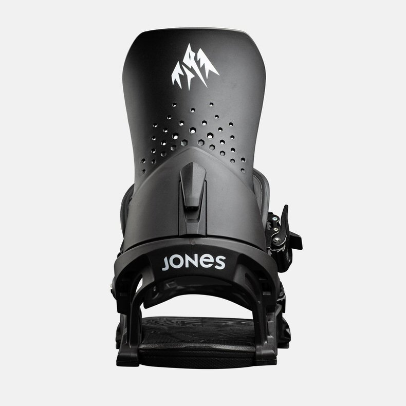 Schwarze Jones Orion Snowboardbindung von vorne. Logo oben auf dem Highback.