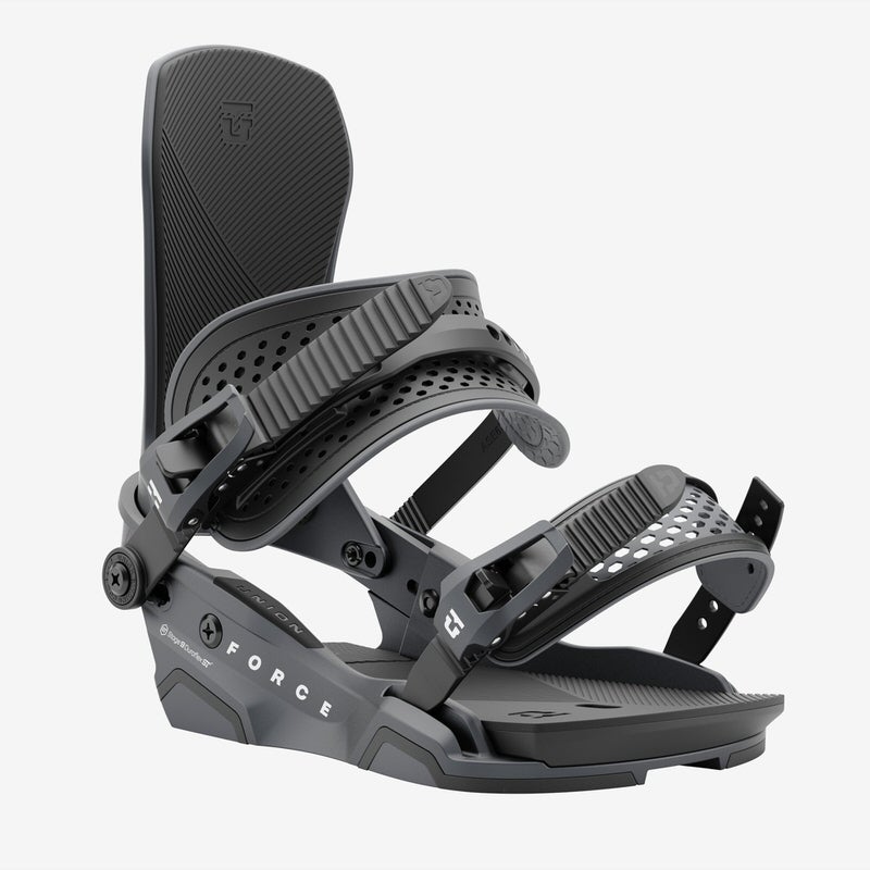 Union Atlas Force Snowboardbindung Schwarze Snowboardbindung "Union Atlas Force" mit Riemen und Schnallen, seitliche Ansicht.