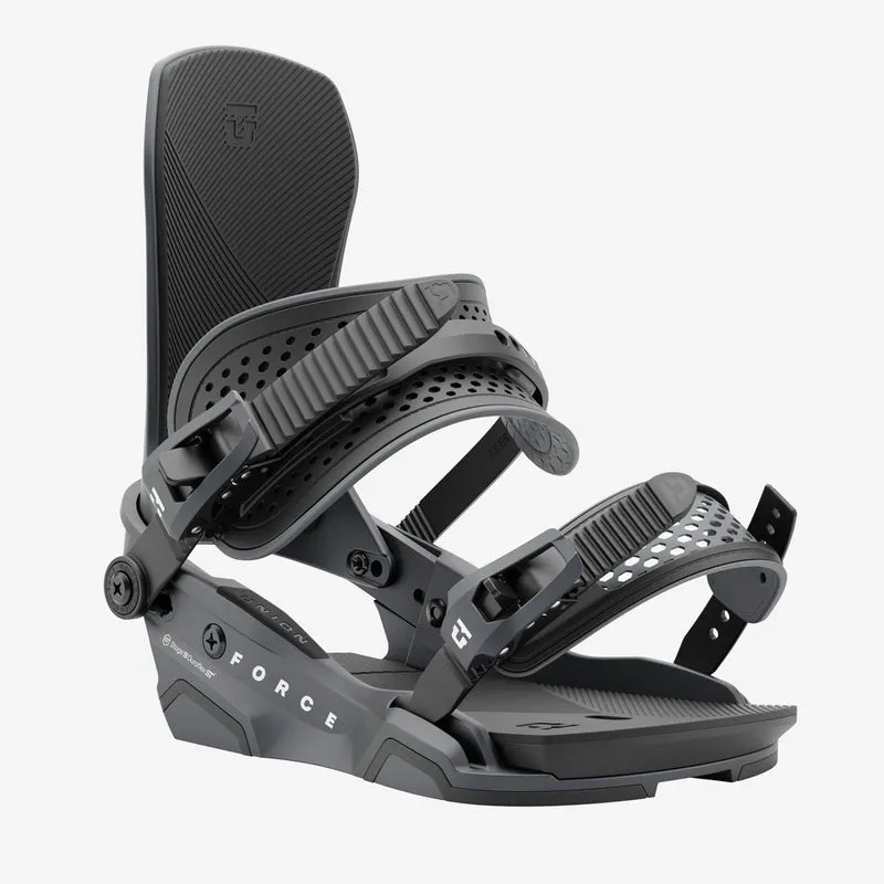 Schwarze Snowboardbindung "Union Atlas Force" mit Riemen und Schnallen, seitliche Ansicht.