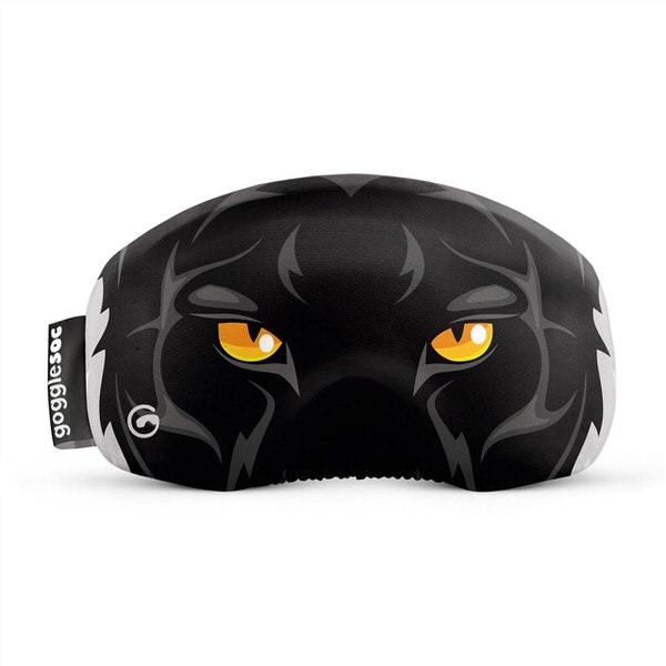 Brillen Schutzhülle mit Black Panther Motiv. Schwarzer Panther Kopf mit gelben Augen auf weißem Hintergrund.