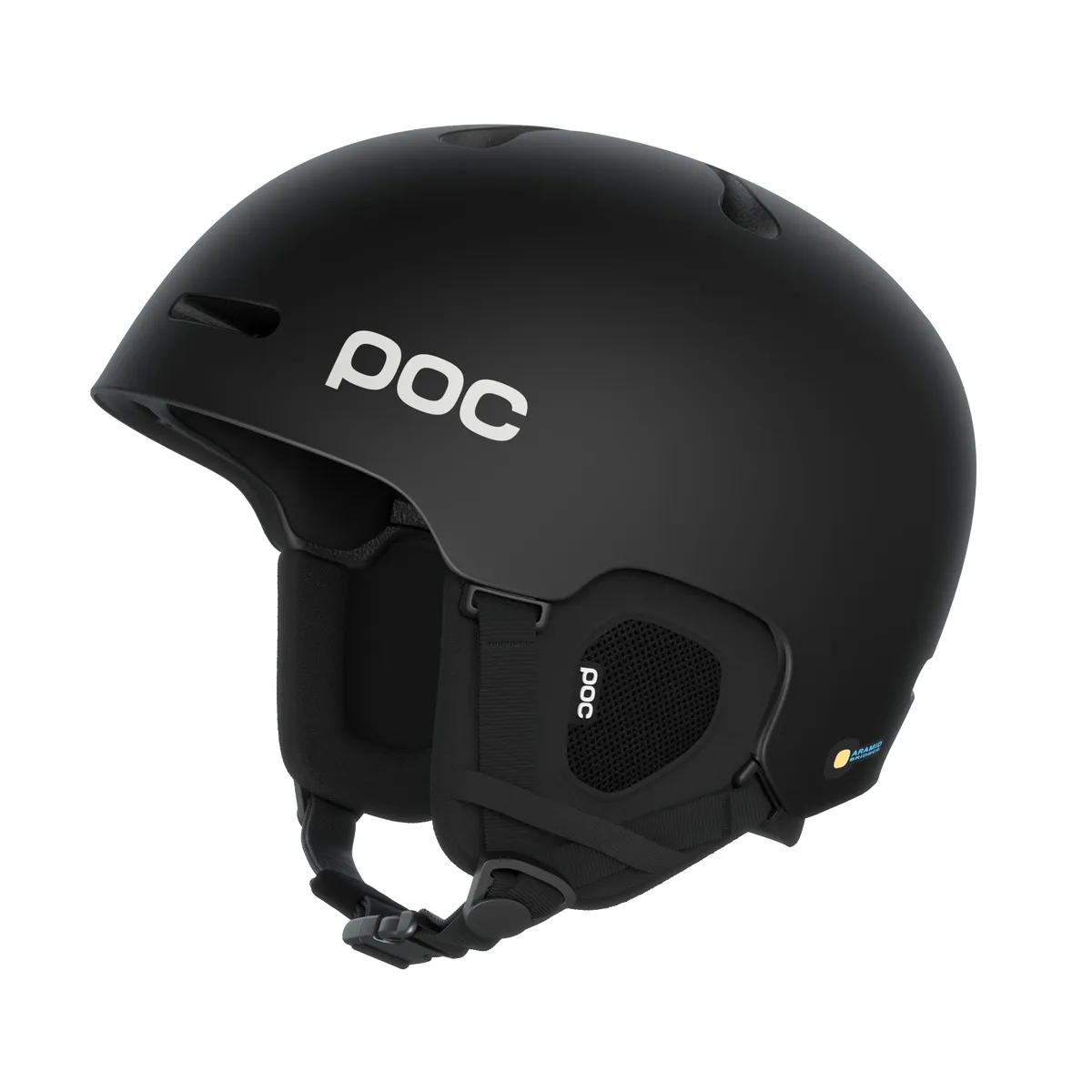 Black, matt POC Fornix ski helmet, side view with ventilation openings and chin strap.