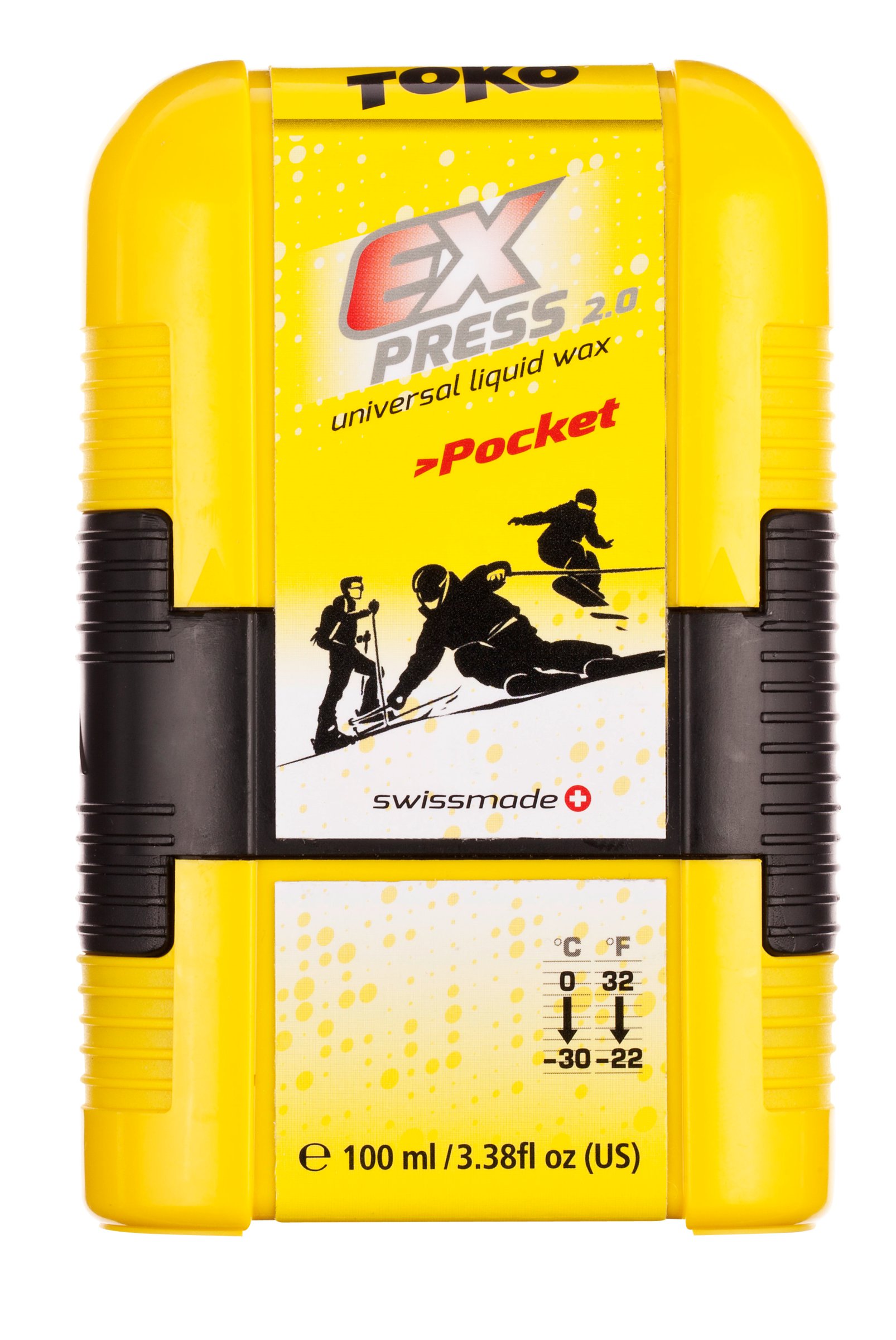 Gelbe Toko Express Pocket Flüssigwachs-Verpackung mit Skifahrern und Temperaturangaben.