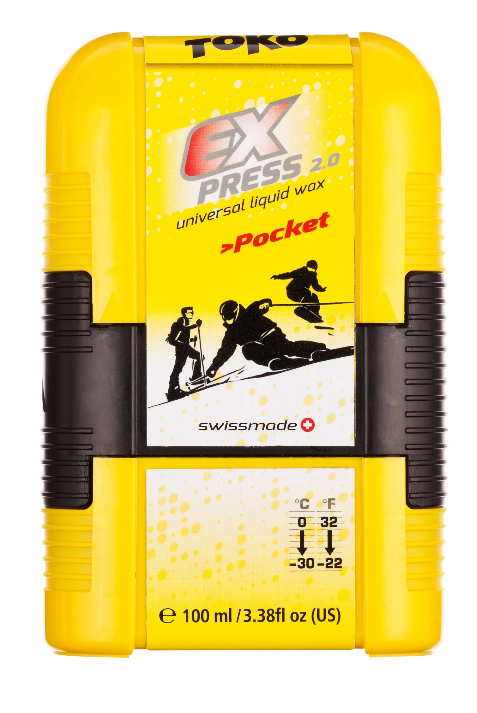 Gelbe Toko Express Pocket Flüssigwachs-Verpackung mit Skifahrern und Temperaturangaben.