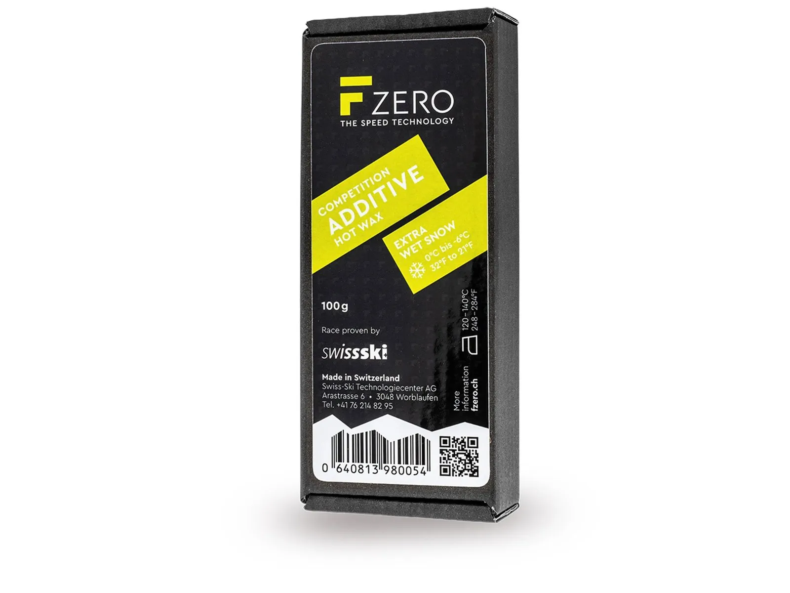 Packaging of FZERO Hot Wax Additive Extra Wet, yellow block in black box.