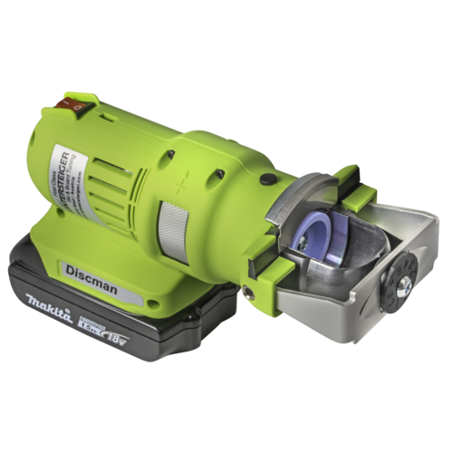 Grüner Discman 4 18V Akku-Schleifer mit Schleifscheibe, Akku und Ladegerät.