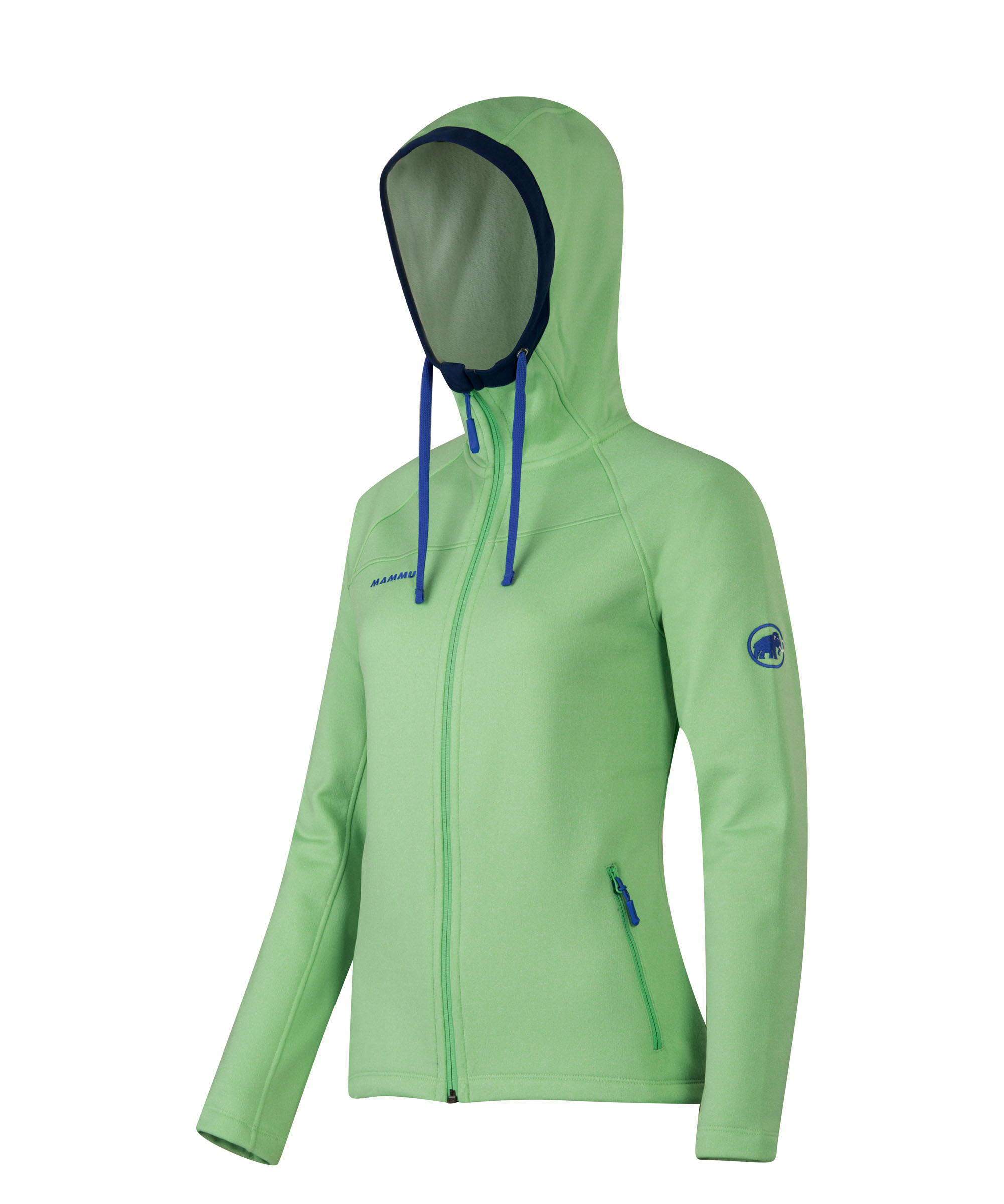 Hellgrüner Mammut Crea Hoody für Damen mit Kapuze und Reißverschluss, seitliche Reißverschlusstasche sichtbar.