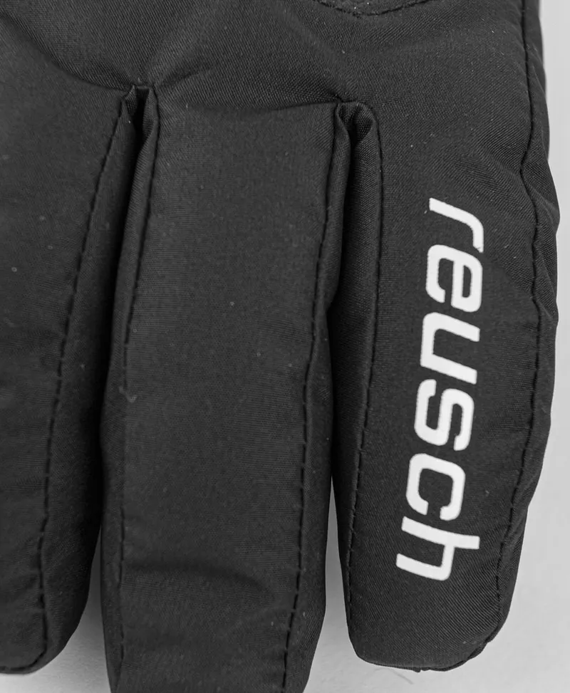 Primo piano del guanto da sci Reusch GORE-TEX JR nero con logo bianco.