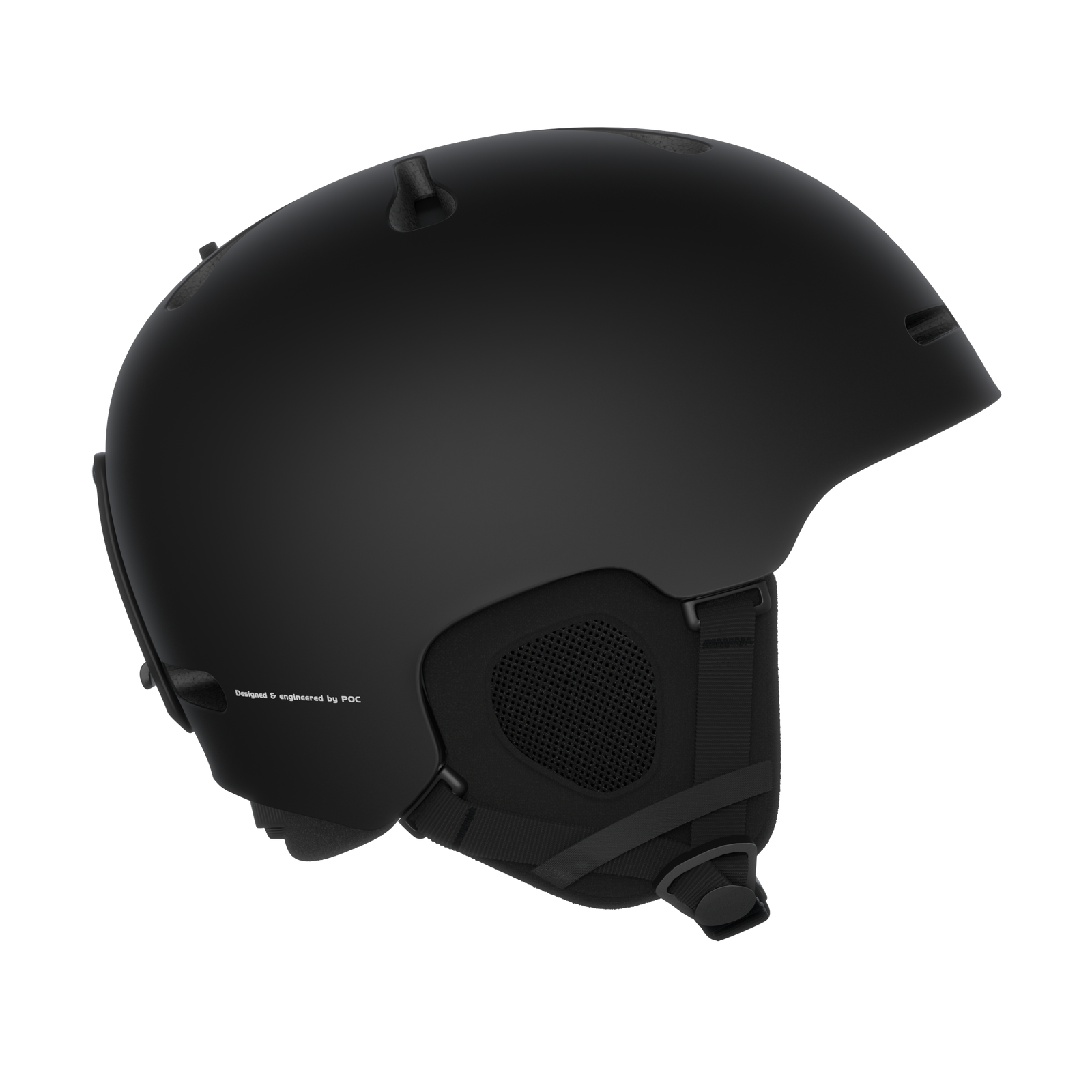 Schwarzer Ski-Helm Poc Fornix Mips von der Seite, mit Belüftungsöffnungen, Ohrpolstern und Brillen-Clip.