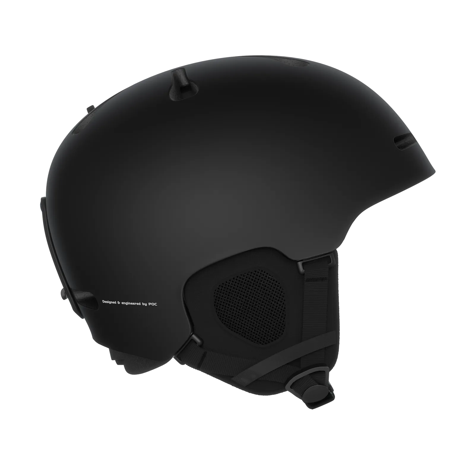 Schwarzer Ski-Helm Poc Fornix Mips von der Seite, mit Belüftungsöffnungen, Ohrpolstern und Brillen-Clip.