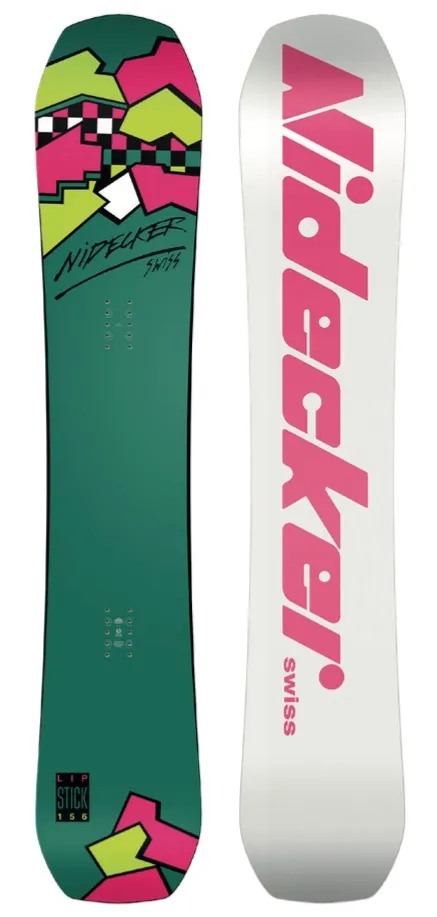 Zwei Nidecker Lip Stick Snowboards, eines mit grünem Design, das andere mit pinkem Schriftzug.