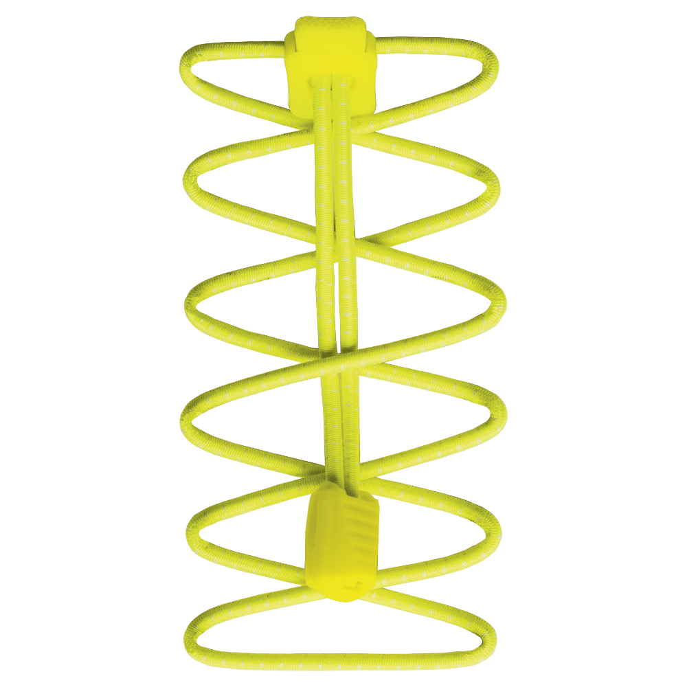 Gelbe, reflektierende Run Laces mit Schnellschnürsystem und Spiraleffekt im Detail.