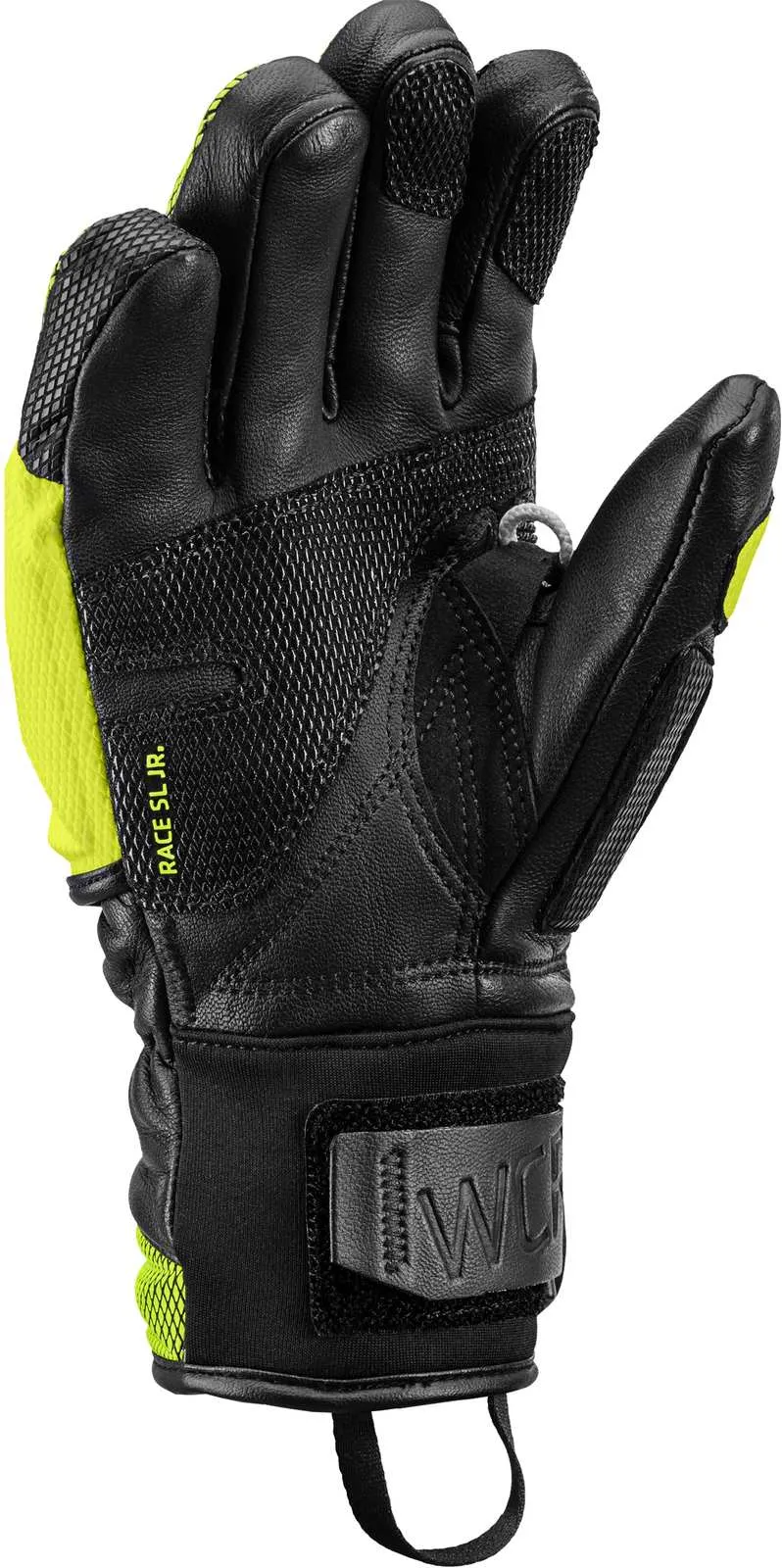 Close-up of a black Leki WCR Venom 3D Junior racing glove with yellow accents, palm up.