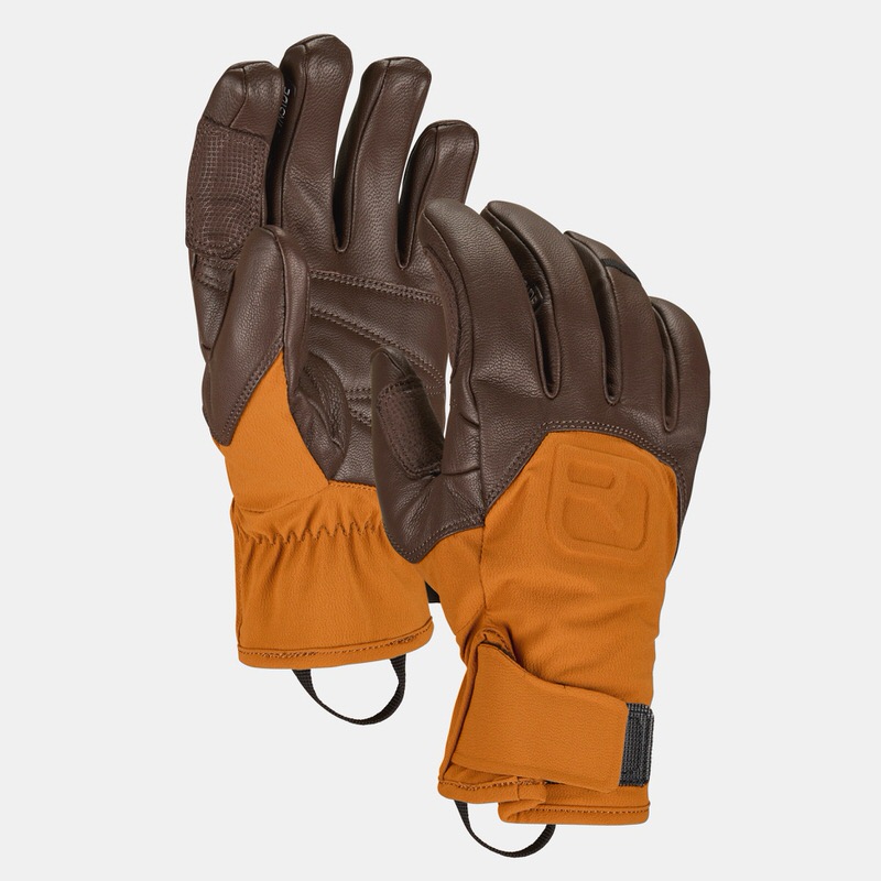 Gants Alpine Pro bruns Gants Alpine Pro bruns avec manchettes orange, gros plan.