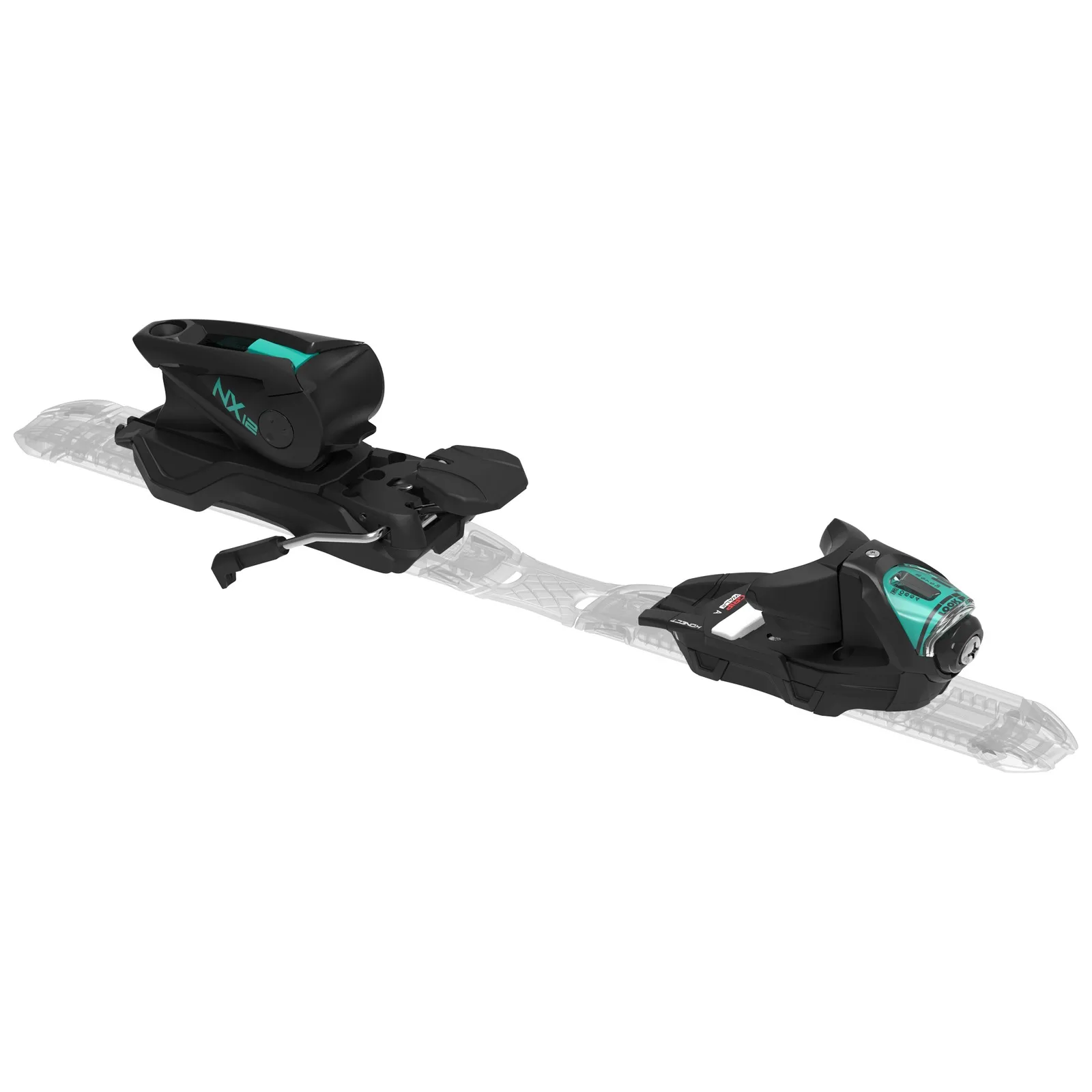 Close-up of the black Look SPX 12 Konect GW ski binding with blue accents on a transparent plate.