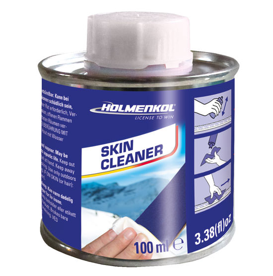 Holmenkol Skin Cleaner in Metalldose mit weißem Deckel und blauer Banderole. Anleitung zur Fellreinigung auf der Banderole.