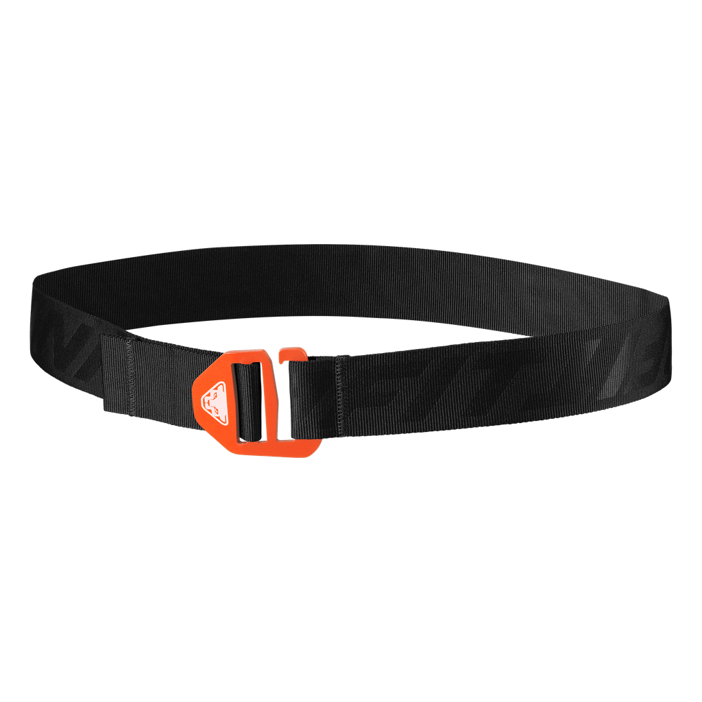 Ceinture textile noire Ceinture textile noire avec boucle en aluminium orange, sur fond blanc.