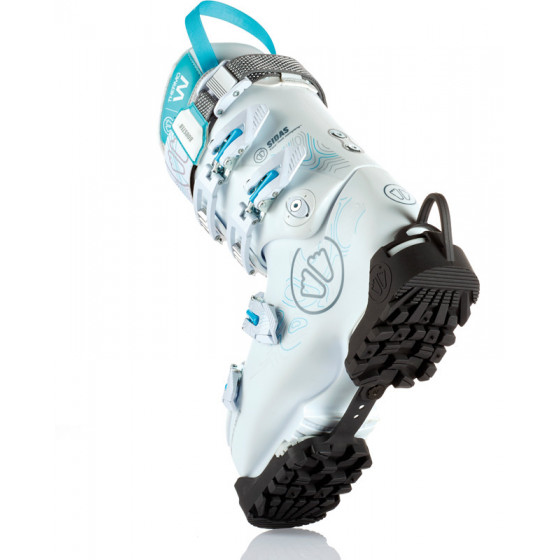 Skischuh mit Gummisohle Weißer Skischuh mit montierter, schwarzer Sidas Skiboot Traction Gummisohle von unten.