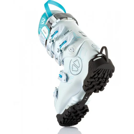 White ski boot with mounted, black Sidas Skiboot Traction rubber sole from underneath.