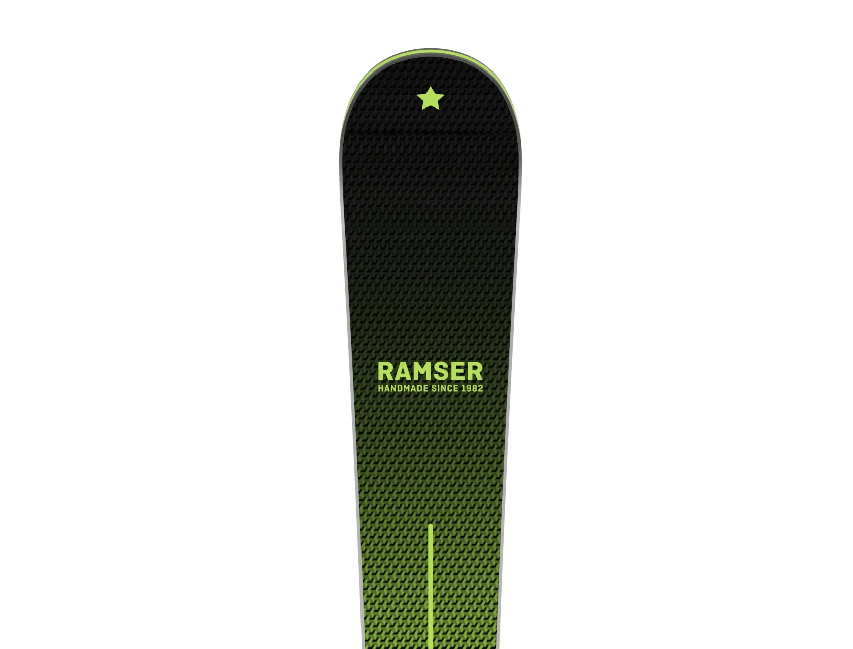 Detailansicht eines Ramser Green LTD Skis. Das Design ist grün-schwarz mit dem Ramser-Logo. Der Ski hat eine Sternapplikation.