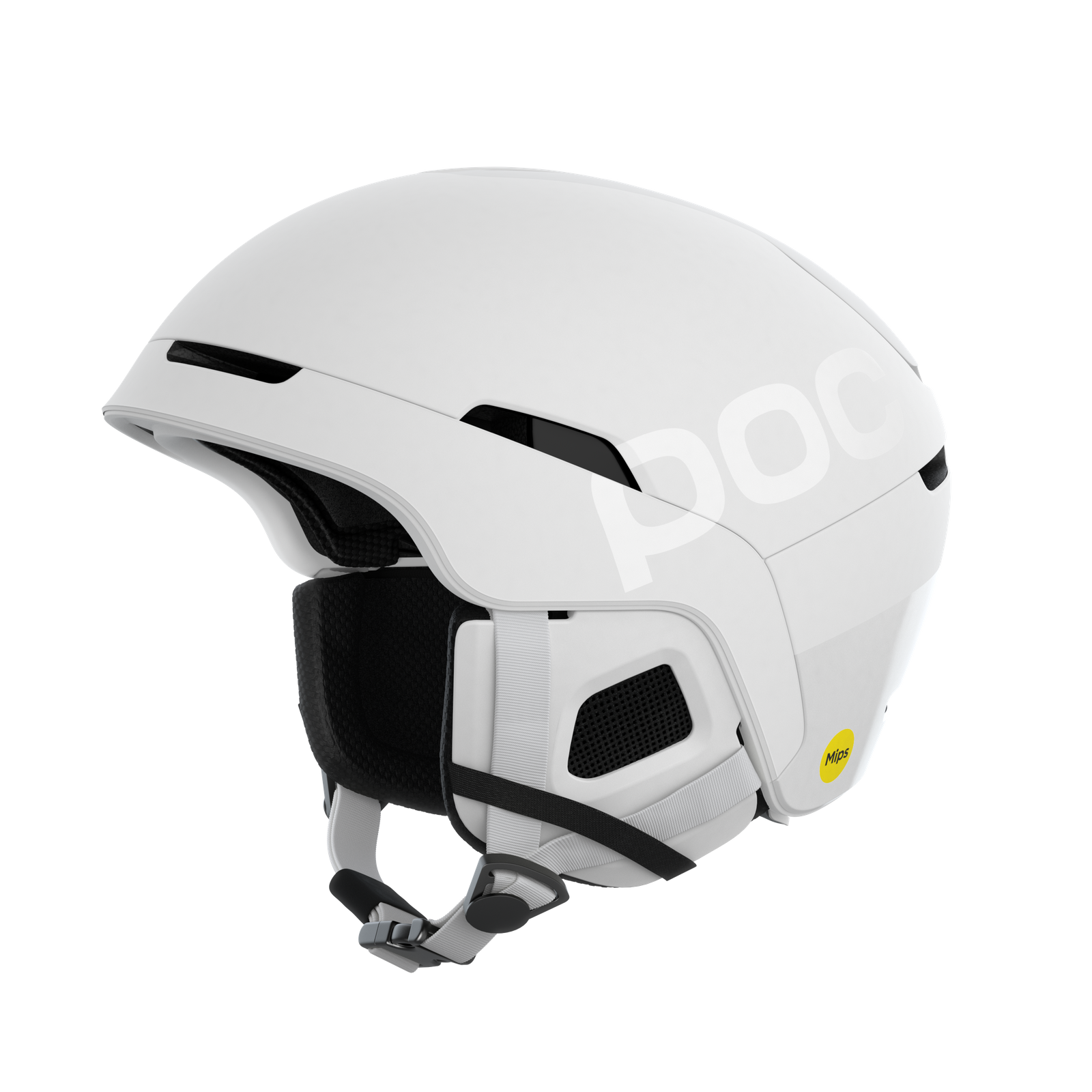 Casco da sci bianco con MIPS Casco da sci POC Obex BC MIPS bianco con prese d'aria laterali e logo MIPS.