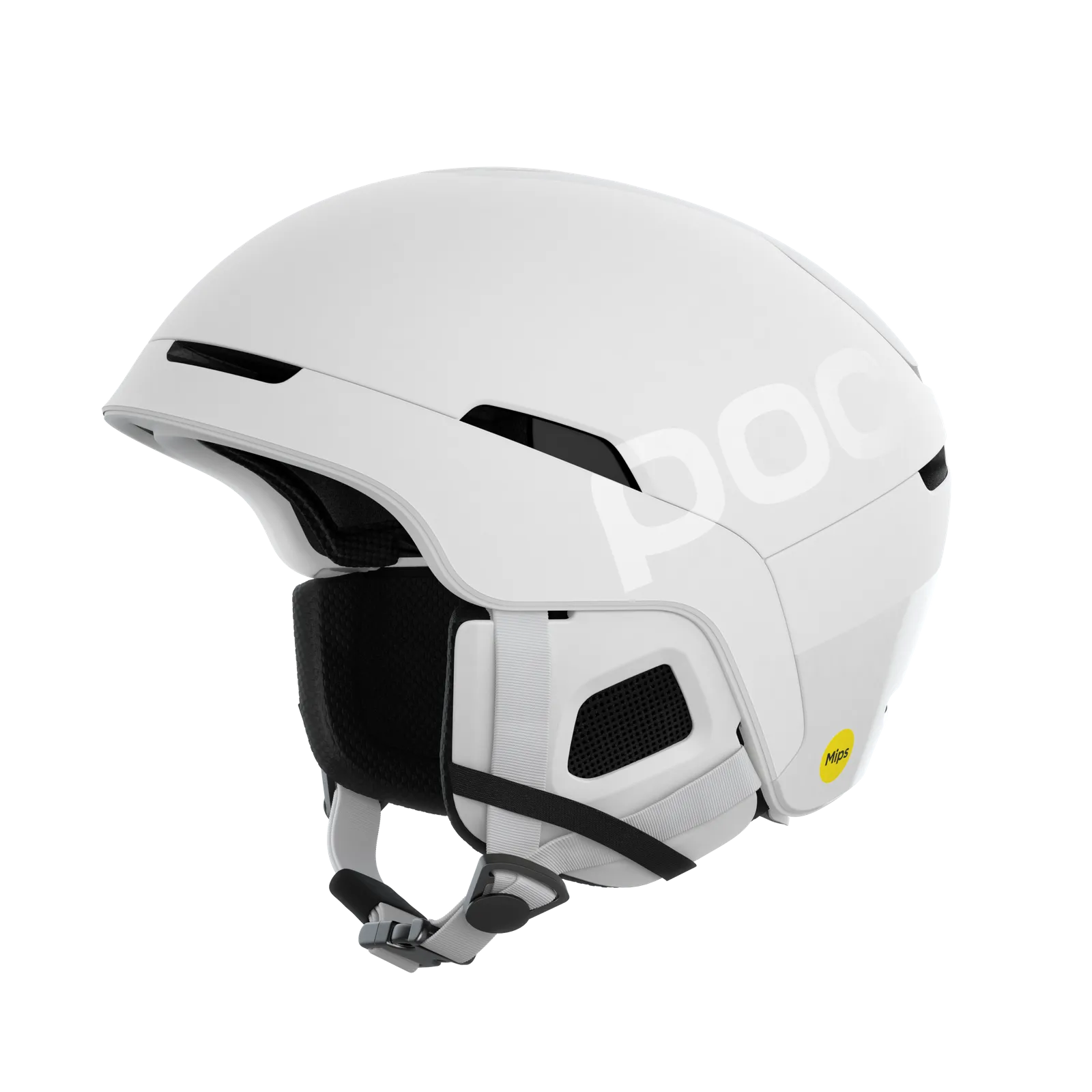 A white POC Obex BC MIPS ski helmet, sideways, with ventilation openings and MIPS logo.