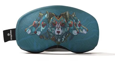 Ski goggle protection "Learn to Speak Wolf Pro Soc" with wolf design on blue background.