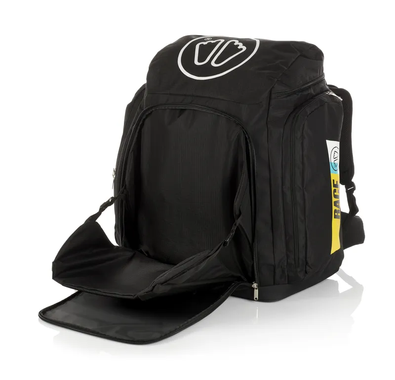 Schwarze Sidas Race Boot Bag mit offenem Fach, das den Innenraum und den Klappsitz zeigt.