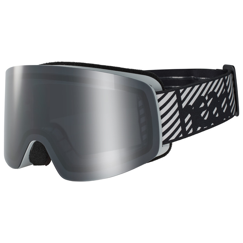 Schwarze Head Infinity Skibrille mit verspiegelter Linse und einem schwarz-weiß gemusterten Brillenband.