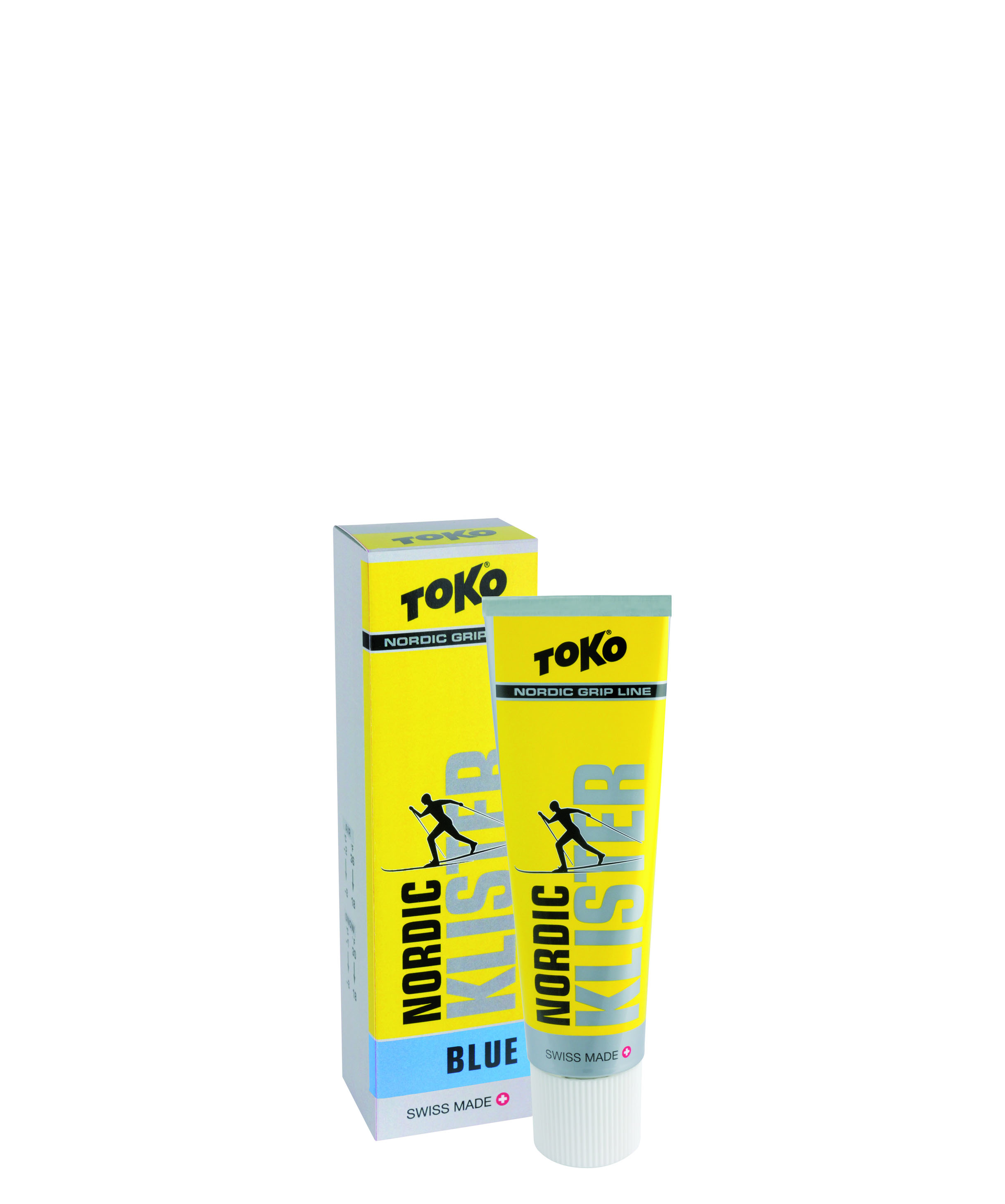 Gelbe Tube und Karton Toko Nordic Klister Blue mit Langläufer-Symbol.