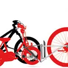 Graphic: Tandem coupling connects red child and adult bike. Silhouette shows second bike. Mobility for families.