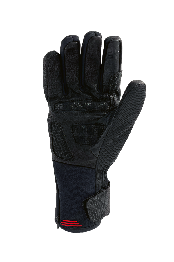 Schwarzer Snowlife BIOS Heat DT Glove, Handfläche nach oben, mit Manschette und rotem Detail.