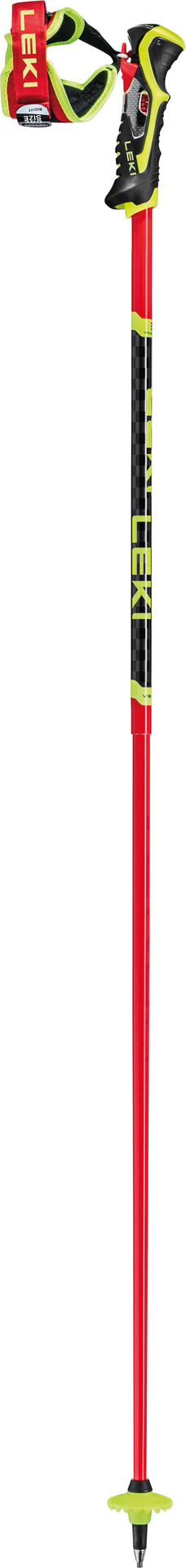 Roter Leki Venom SL 3D Skistock mit schwarzem und gelbem Griff und Schlaufe.
