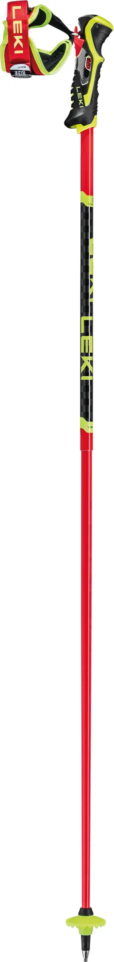 Roter Leki Venom SL 3D Skistock mit schwarzem und gelbem Griff und Schlaufe.