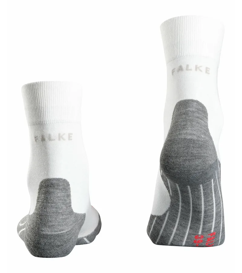 White RU4 men's running socks from Falke, with gray heel padding and logo on the back.