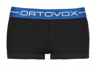 Schwarze Ortovox Supersoft Panty für Damen, Bund blau mit weißem Schriftzug.