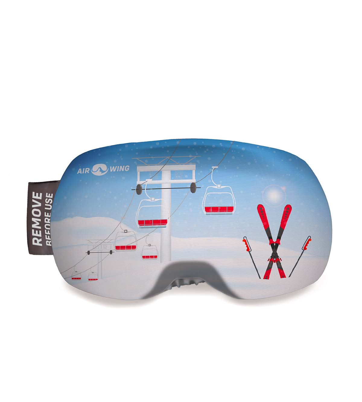 Airwing-Lift Skibrillenschutz mit Lift- und Skimotiv. Elastisches Band mit Aufschrift "Remove Before Use".