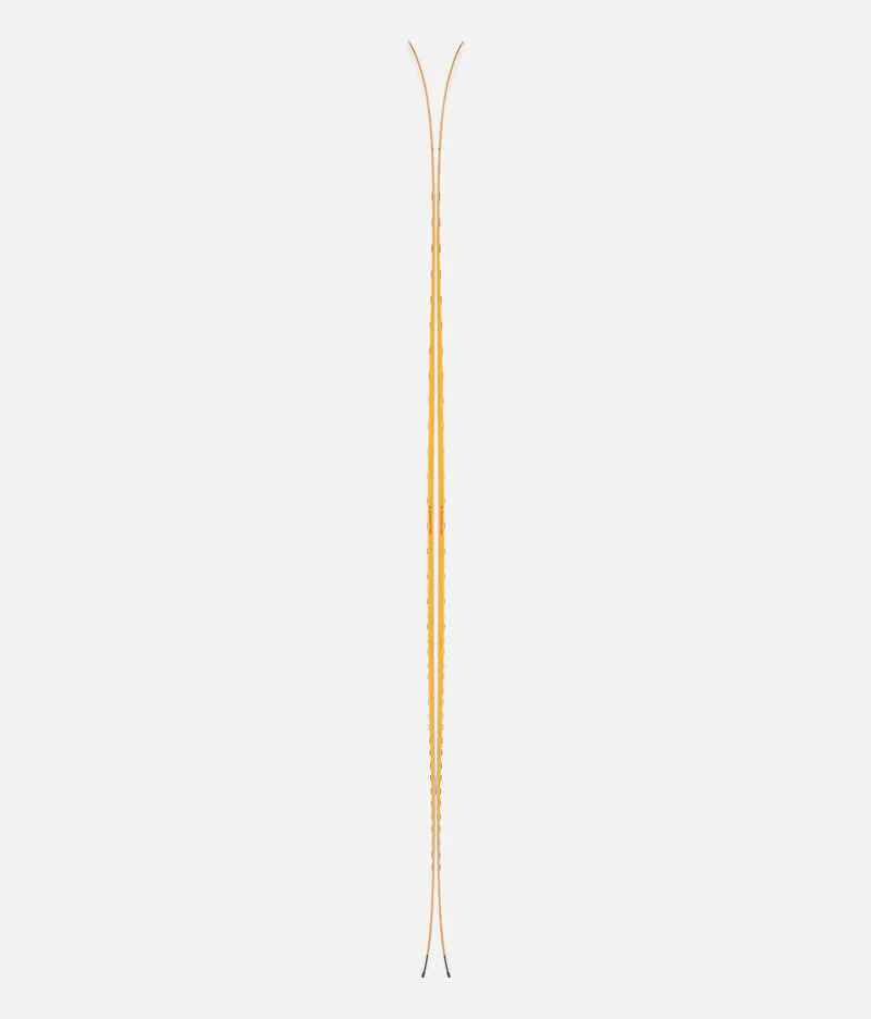 Two Black Crows Serpo skis, viewed from above, with yellow details on a white background.